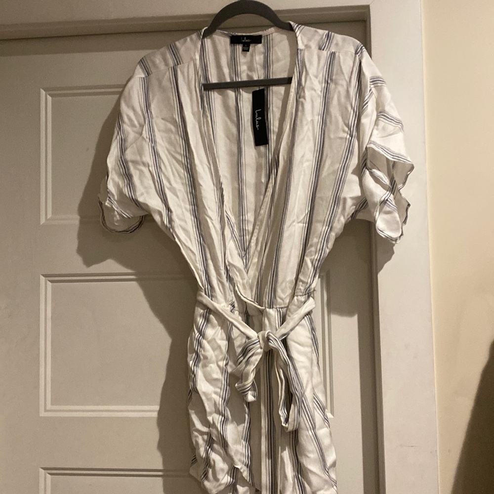 Lulus white and blue striped romper